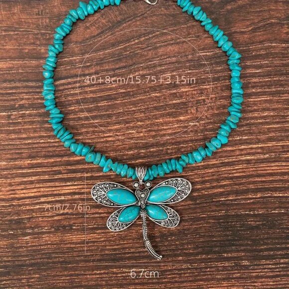 Necklace Turquoise Dragonfly Boho Native Southwest Lucky Trendy Stylish Bug Glam - Picture 3 of 3